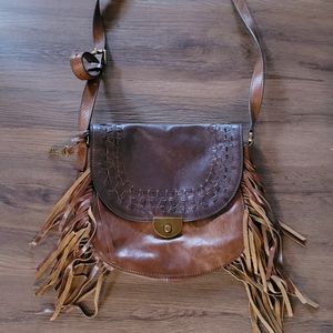 Fossil brown leather fringe crossbody bag